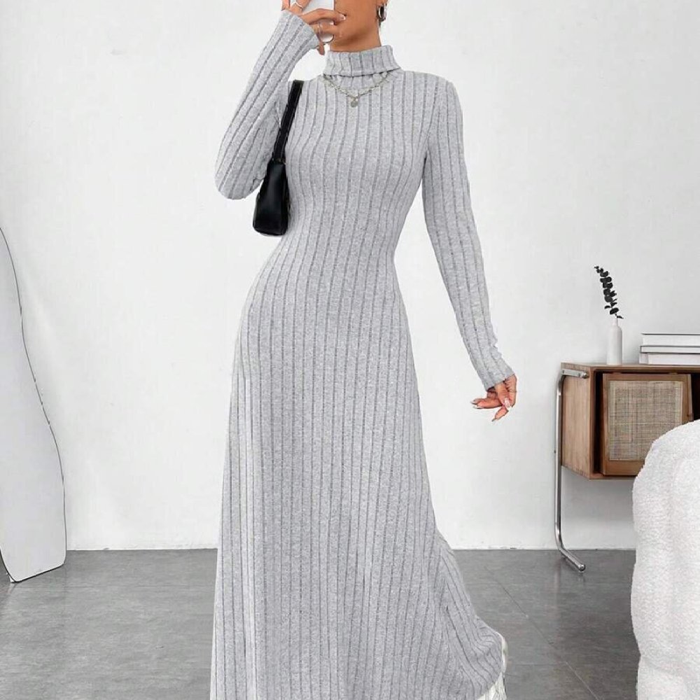 Bodycon Long Sleeve Ribbed Dress - Şık Sonbahar Yüksek Yaka Uzun Kollu