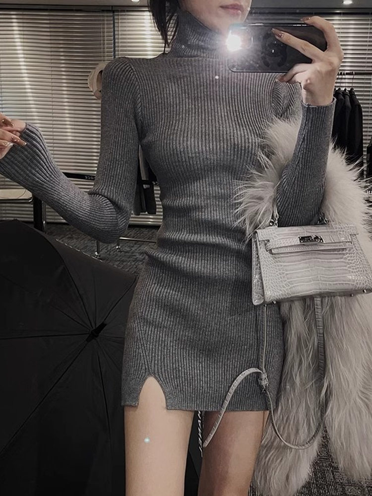 Bodycon Long Sleeve Ribbed Dress - Kadınlar için Dar Kesim, Mini, Örgü