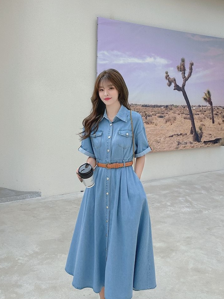 Korean Style A Line Shirt Dress - Kadın Kot Elbise 2026 Yaz Yeni