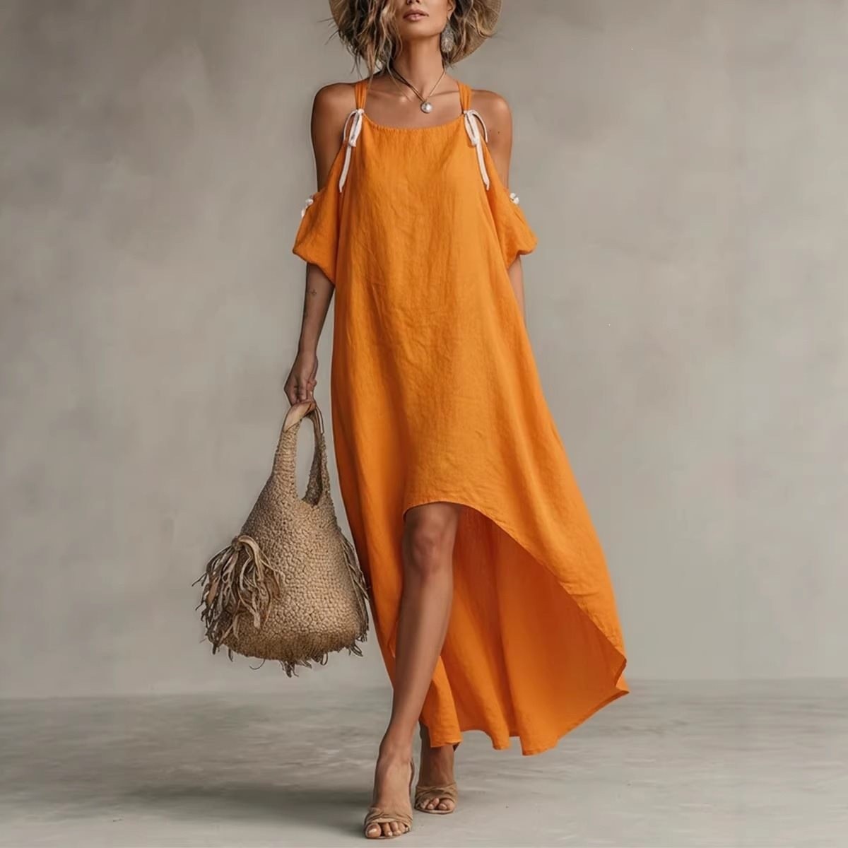 Off Shoulder Puff Sleeve Sundress - Yazlık Kadın Elbisesi Puf Kollu Halter