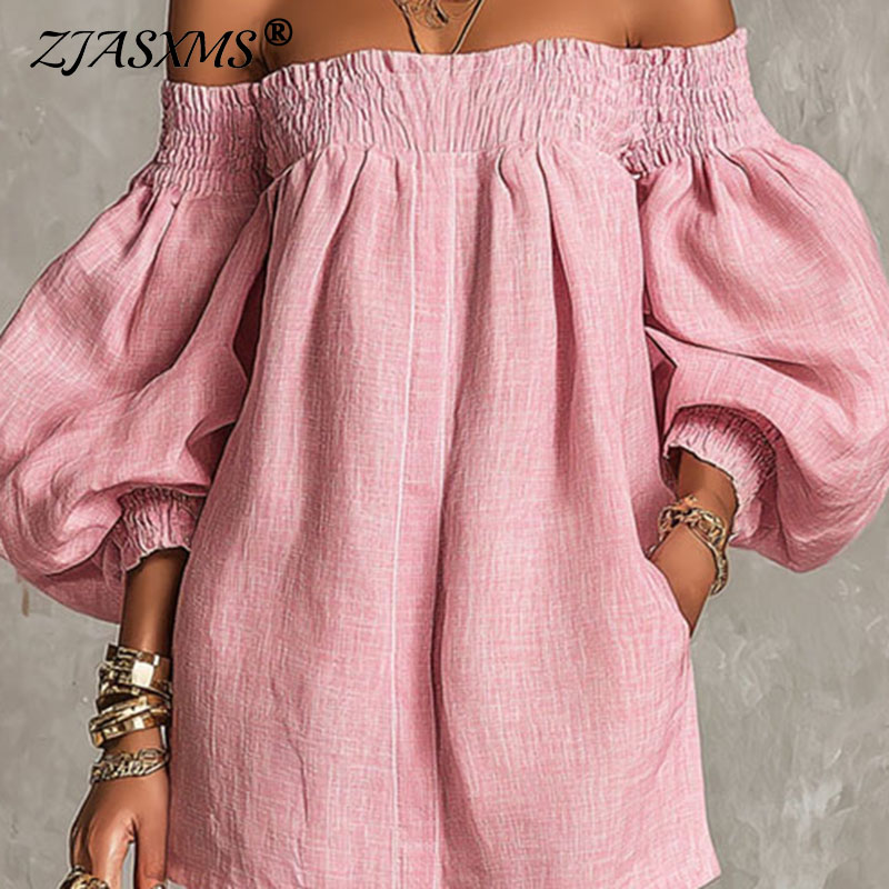 Off Shoulder Puff Sleeve Sundress - Kadınlar İçin Tek Renk Omuzları Açık