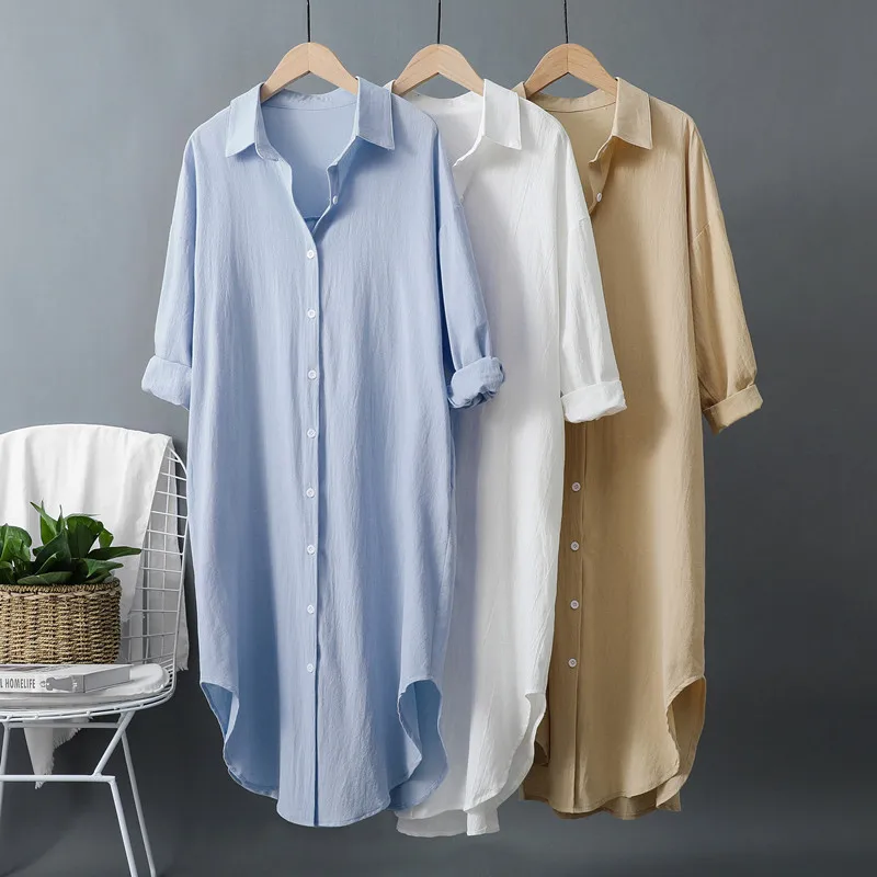 Casual Loose Linen Shirt Dress - Yeni Pamuk ve Keten Kadın Uzun