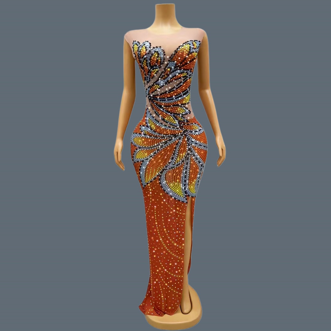Sparkly Rhinestone Club Party Dress - Kadın Kolsuz Örgü Maxi Elbise Monarch