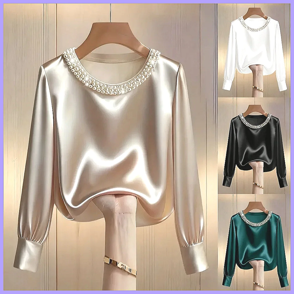 Blouses - Kadınlar için Zarif Boncuklu Saten Bluz,