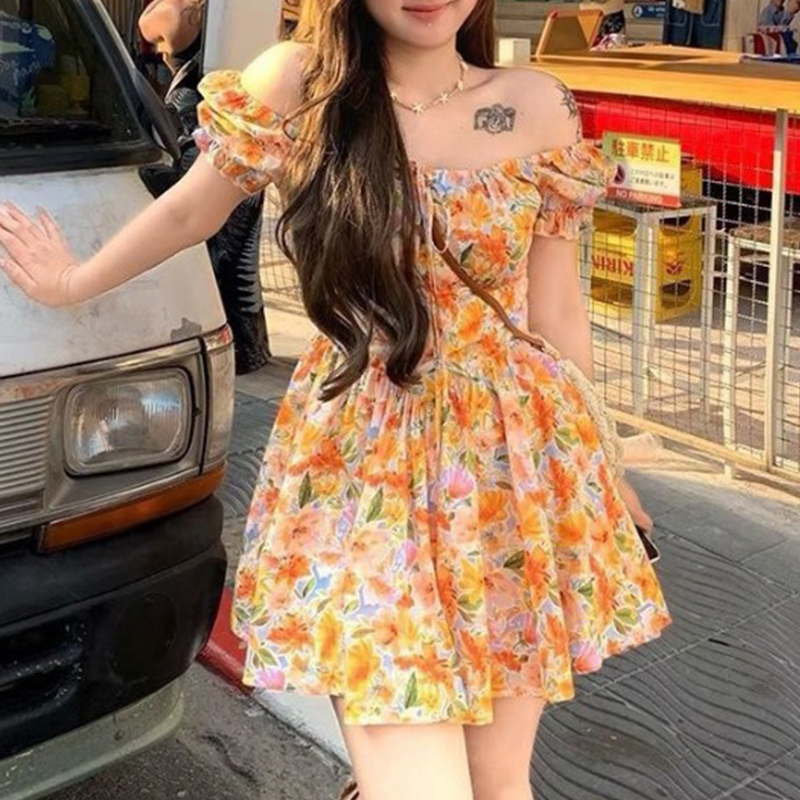 Off Shoulder Puff Sleeve Sundress - Bayan Turuncu Çiçek Desenli Düşük Omuz