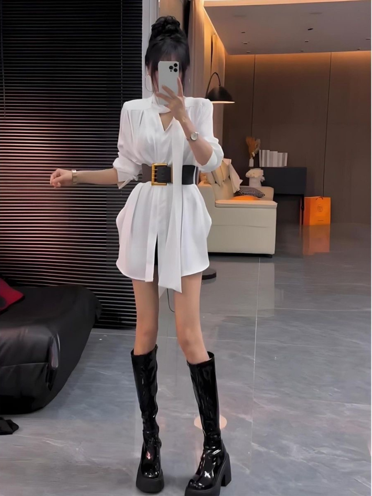 Korean Style A Line Shirt Dress - Beyaz Ipek Gömlek Elbise kadın Sonbahar