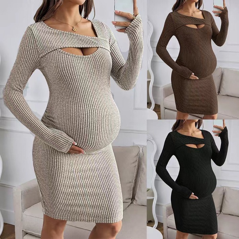Bodycon Long Sleeve Ribbed Dress - Hamile Kadınlar İçin Uzun Kollu Nervürlü