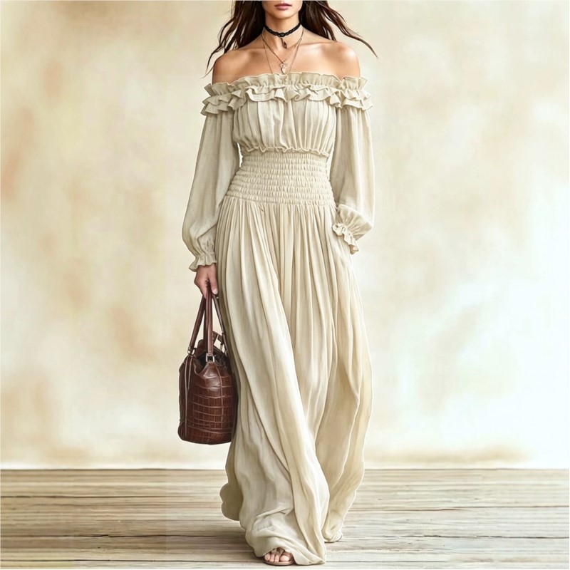 Off Shoulder Puff Sleeve Sundress - Kadınlar İçin Omuzları Açık Fırfırlı Uzun