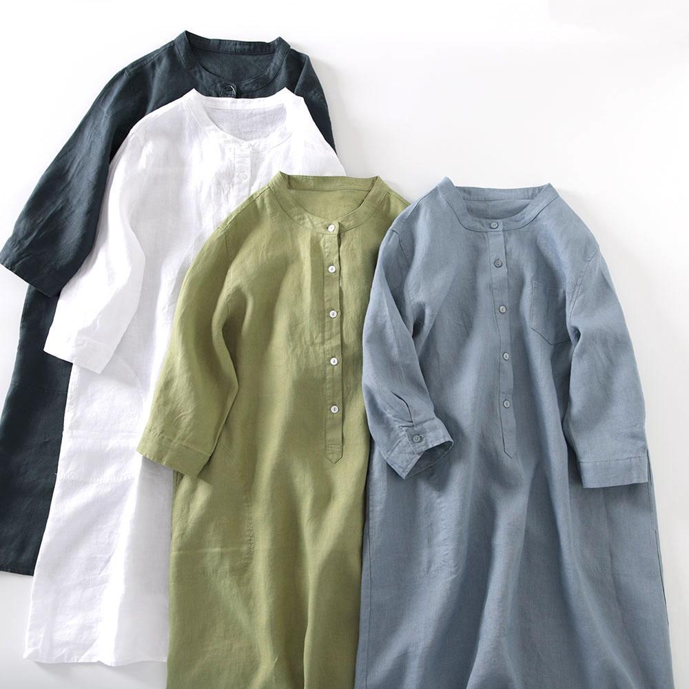 Casual Loose Linen Shirt Dress - Outlet Japon Tarzı Keten Gömlek Elbise