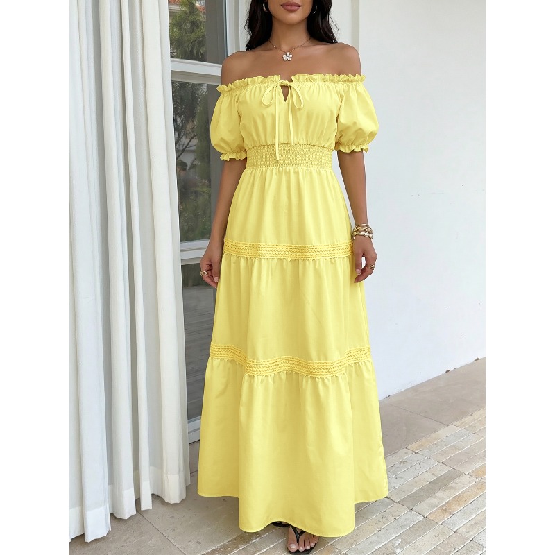 Off Shoulder Puff Sleeve Sundress - Yaz Bohem Kadınlar Sarı Omuzları Açık