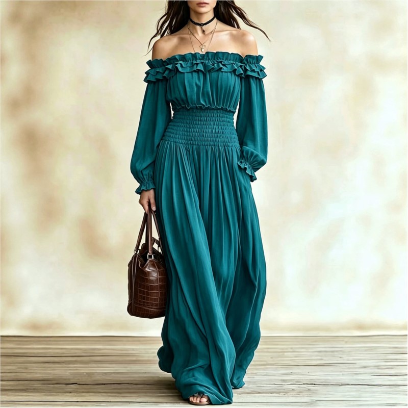 Off Shoulder Puff Sleeve Sundress - Omuzları Açık Moda Uzun Elbiseler Kadınlar