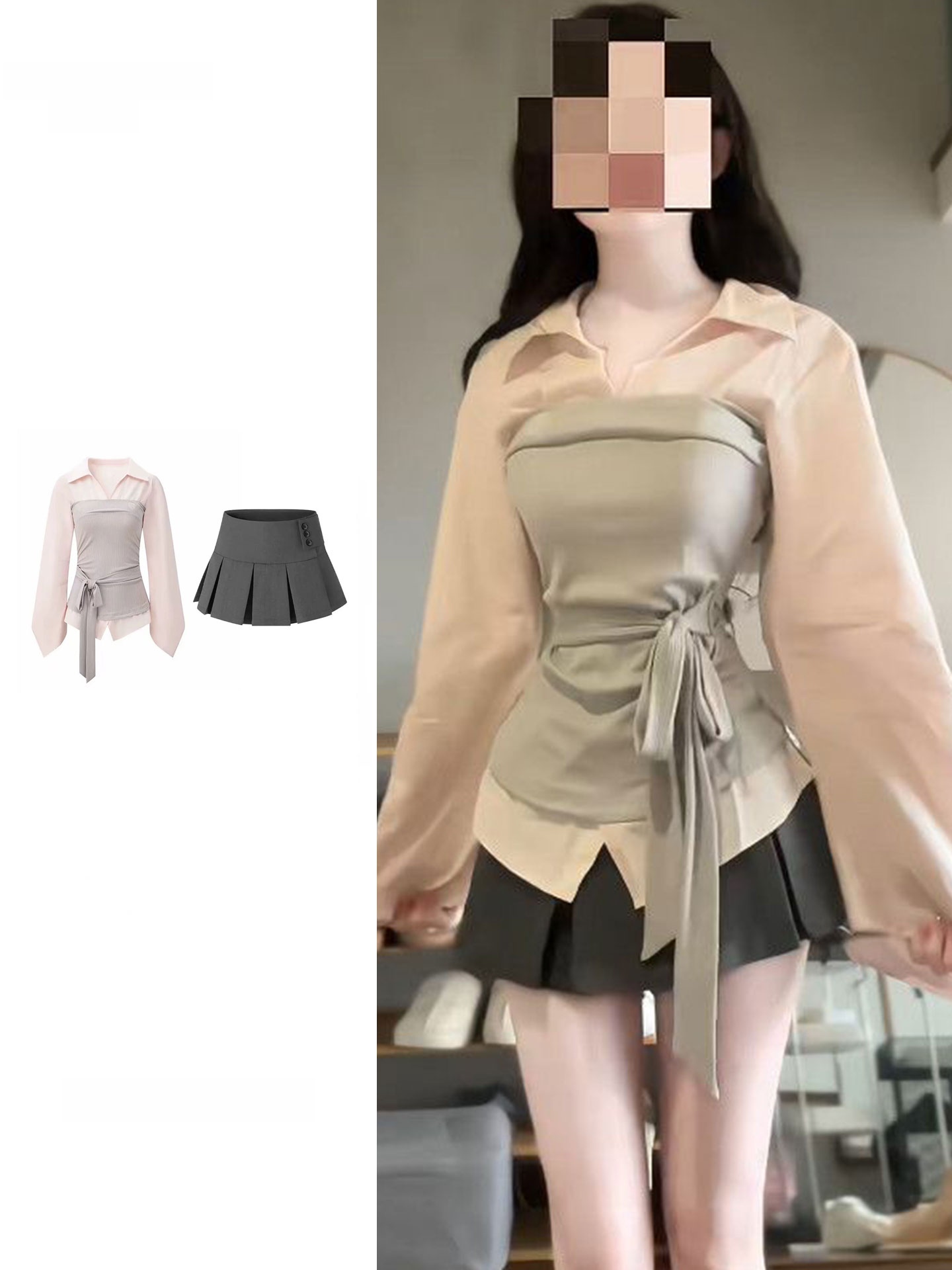Korean Style A Line Shirt Dress - Kadın Büyük Beden Kore Tarzı Patchwork