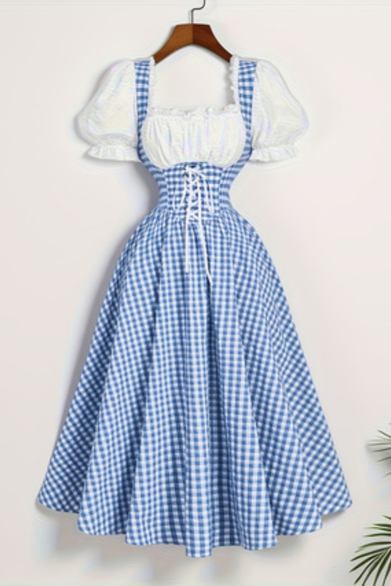 French Vintage Floral Midi Dress - Bayan Modası Mavi ve Beyaz Izgara