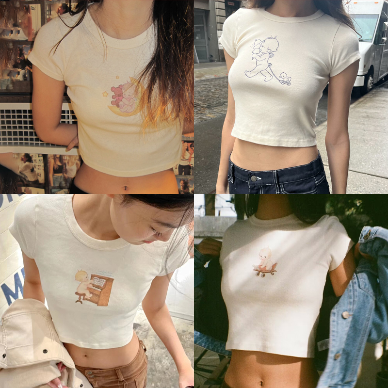 Y2K Graphic Baby Tee Crop - Melek bebek grafik dar kesim tişört