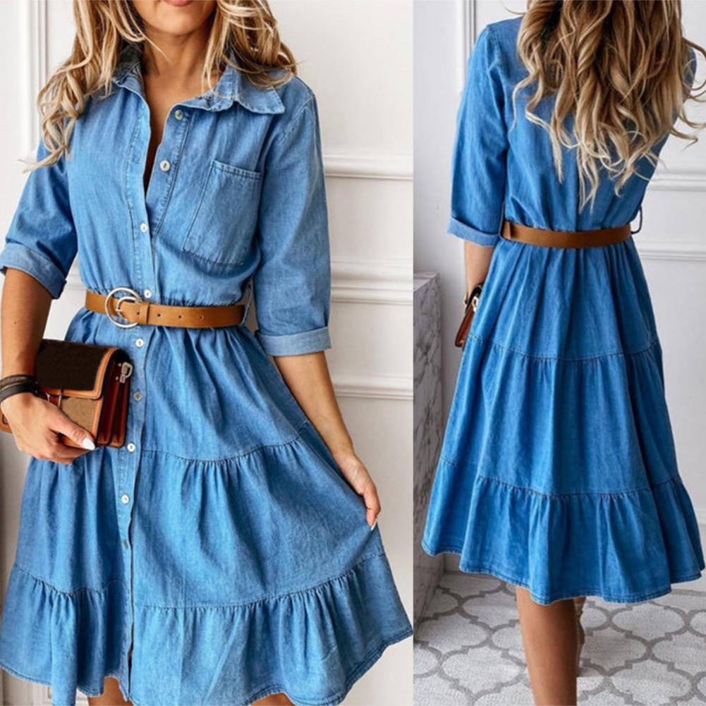 French Vintage Floral Midi Dress - Kot Elbise Üç Çeyrek Kol Kemerli