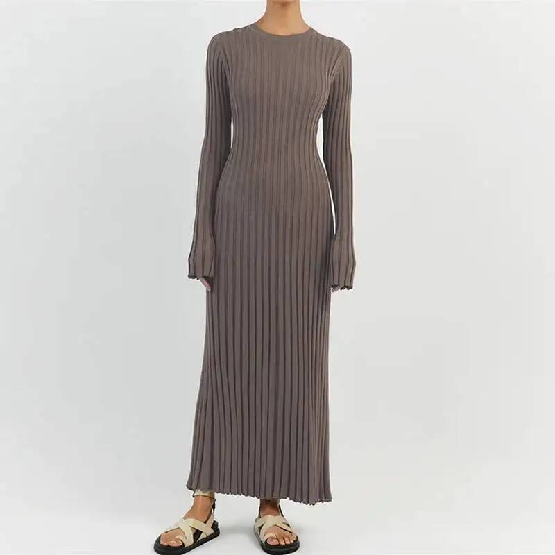 Bodycon Long Sleeve Ribbed Dress - Kadınlar Zarif Nervürlü Örgü Tam Kollu