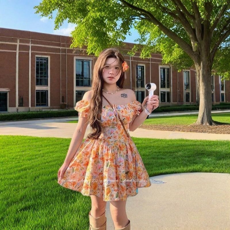 Off Shoulder Puff Sleeve Sundress - Sıcak Fırsat Turuncu Çiçek Desenli Omuzları