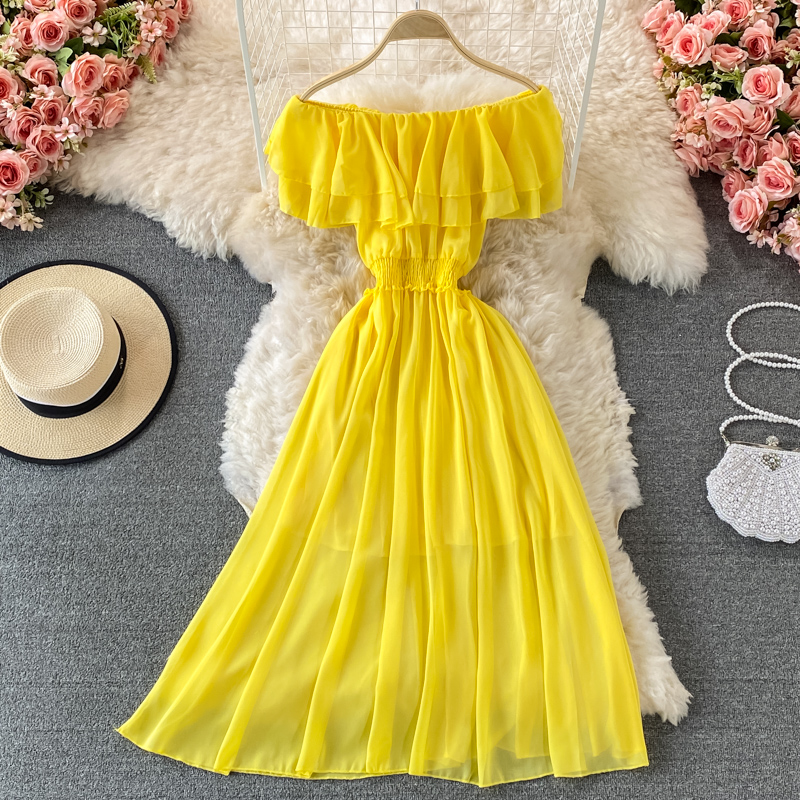 Sarı katı kadın plaj elbise kı - Off Shoulder Puff Sleeve Sundress incelemesi ve fiyatı