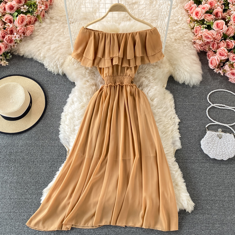 Sarı katı kadın plaj elbise kı - Off Shoulder Puff Sleeve Sundress incelemesi ve fiyatı