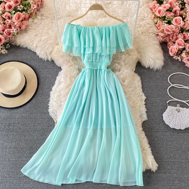 Sarı katı kadın plaj elbise kı - Off Shoulder Puff Sleeve Sundress incelemesi ve fiyatı