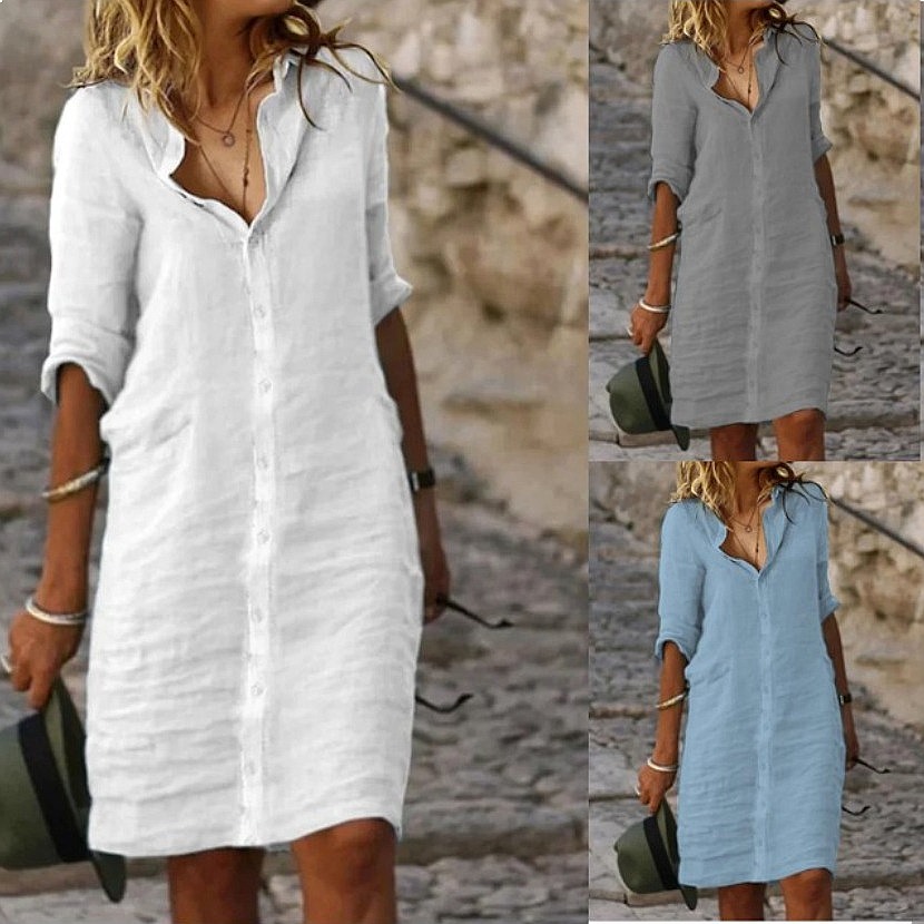 Bol Kesim Düğmeli Midi Gömlek  - Casual Loose Linen Shirt Dress incelemesi ve fiyatı