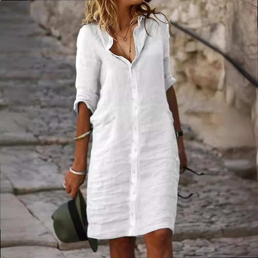 Bol Kesim Düğmeli Midi Gömlek  - Casual Loose Linen Shirt Dress incelemesi ve fiyatı