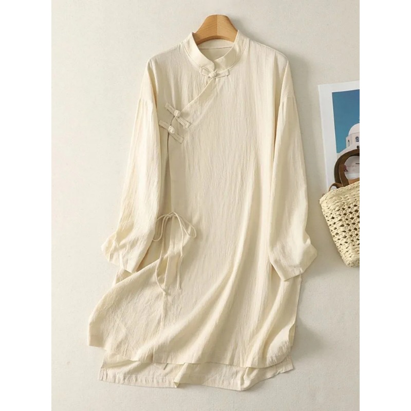 Kadın Çin Tarzı Kurbağa Düğmel - Casual Loose Linen Shirt Dress incelemesi ve fiyatı