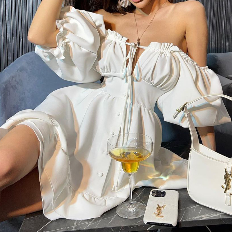Kadınlar İçin Omuzları Açık Mi - Off Shoulder Puff Sleeve Sundress incelemesi ve fiyatı