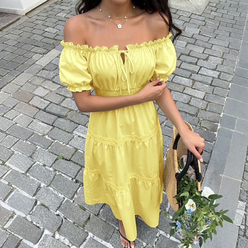 Yaz Bohem Kadınlar Sarı Omuzla - Off Shoulder Puff Sleeve Sundress incelemesi ve fiyatı