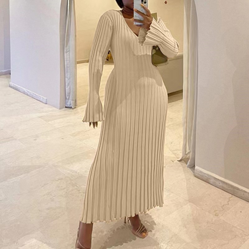 Kadın Sonbahar V Yaka Örgü Ete - Bodycon Long Sleeve Ribbed Dress incelemesi ve fiyatı