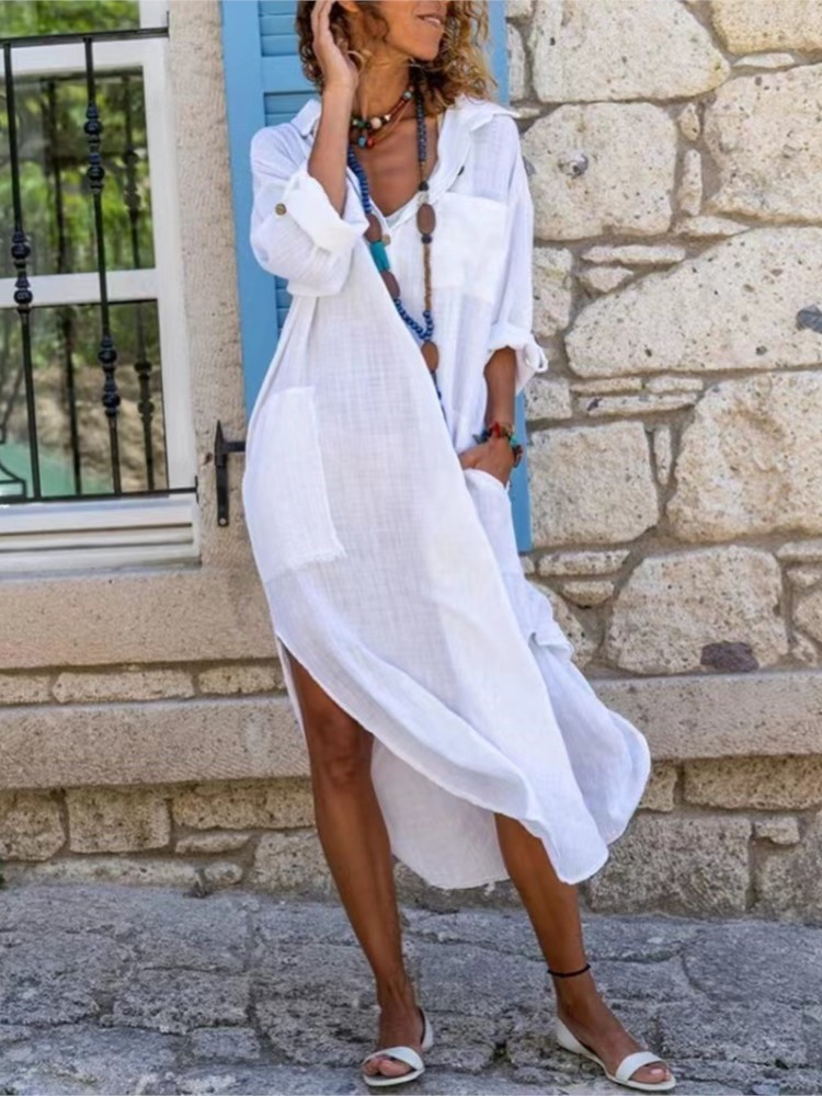 Beyaz kadın Gömlek Elbise Düz  - Casual Loose Linen Shirt Dress incelemesi ve fiyatı