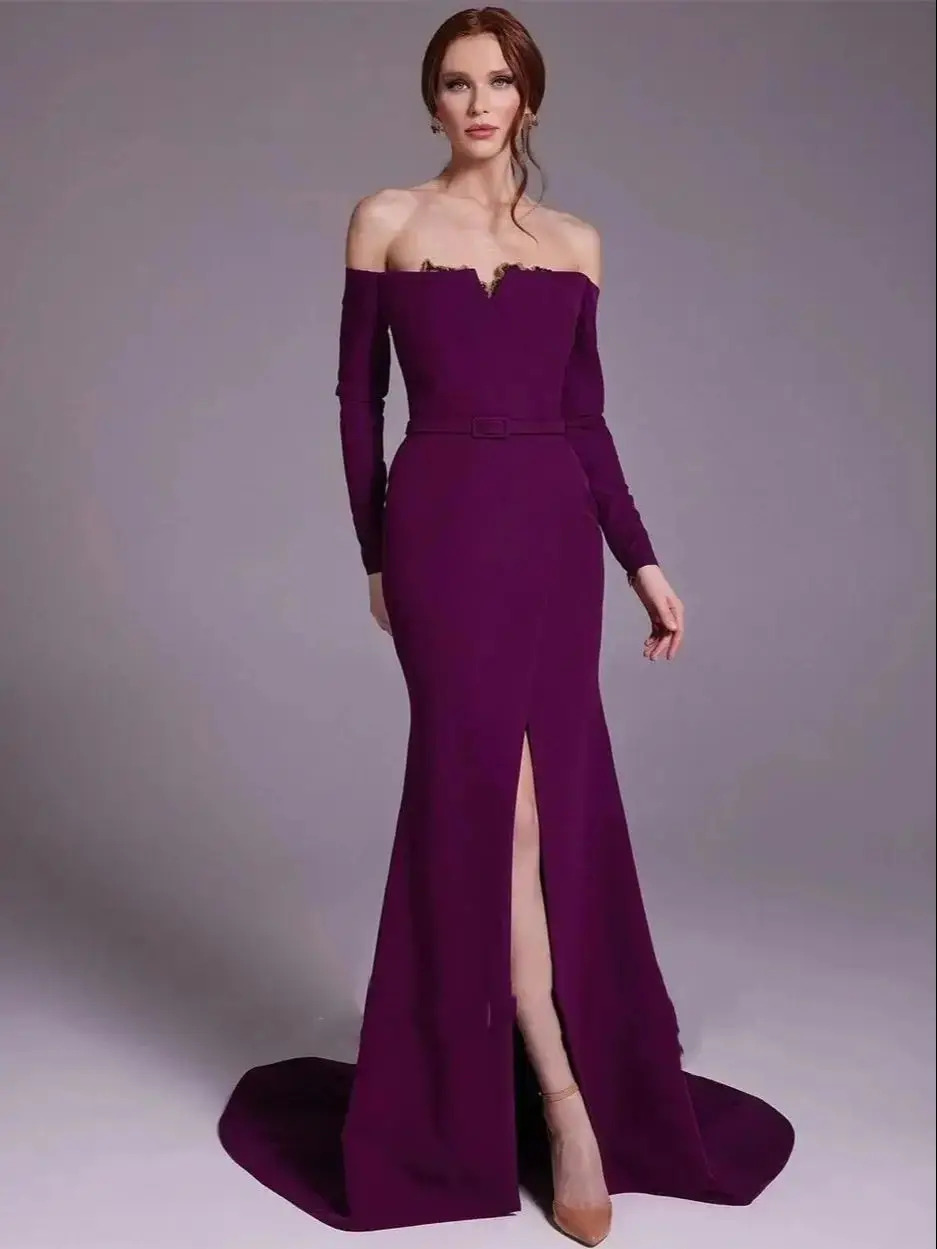 Zarif mor saten off-omuz kılıf - Elegant Satin Evening Gown Split incelemesi ve fiyatı