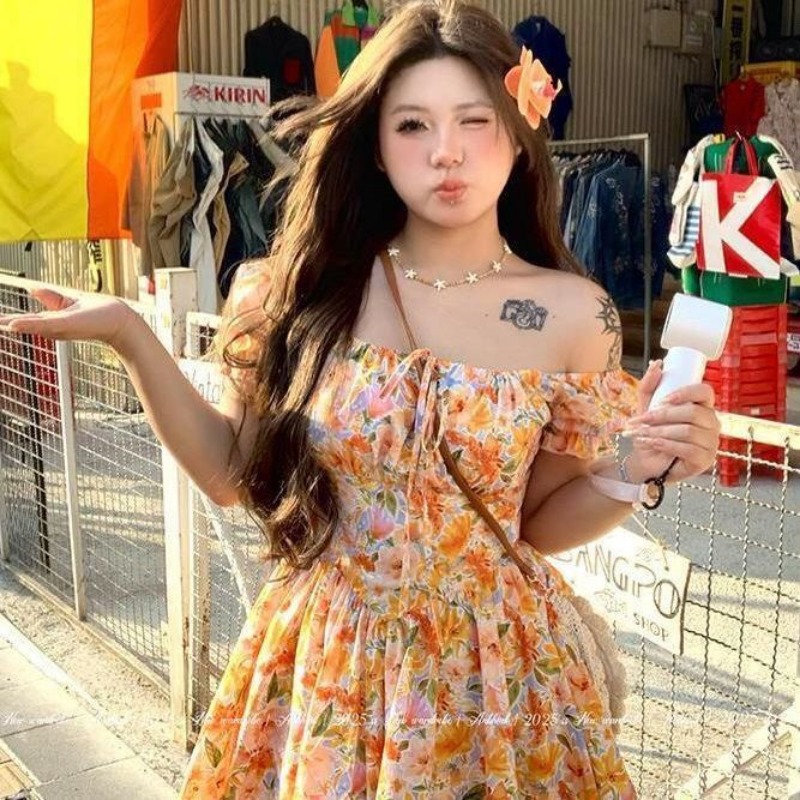Sıcak Fırsat Turuncu Çiçek Des - Off Shoulder Puff Sleeve Sundress incelemesi ve fiyatı