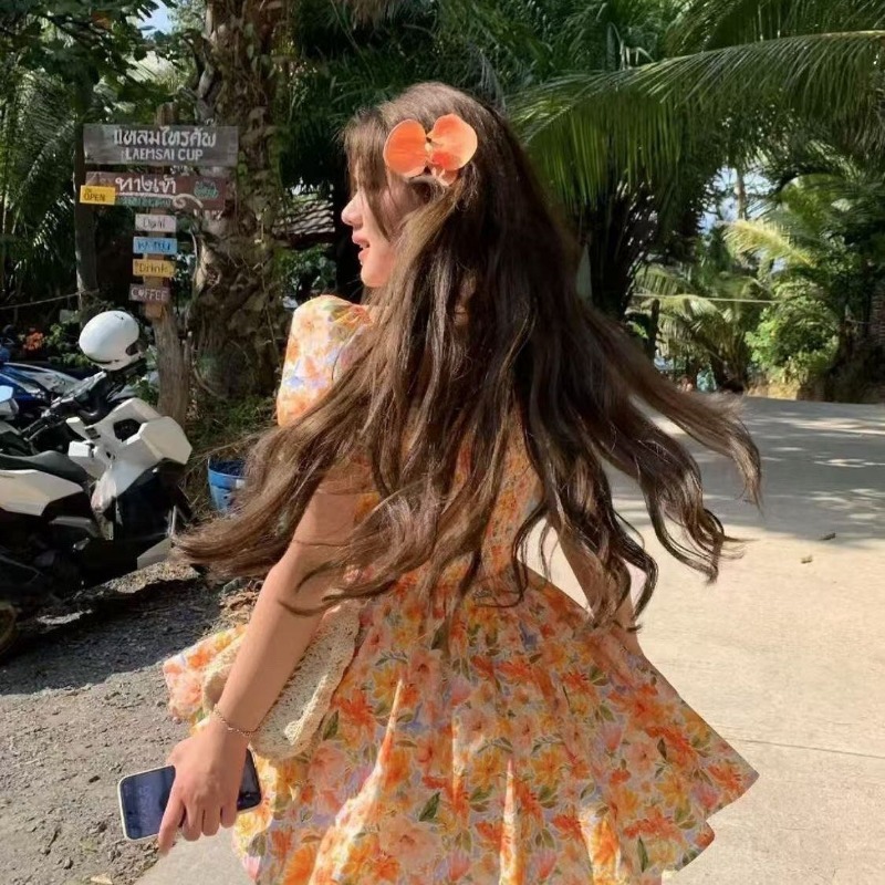 Sıcak Fırsat Turuncu Çiçek Des - Off Shoulder Puff Sleeve Sundress incelemesi ve fiyatı